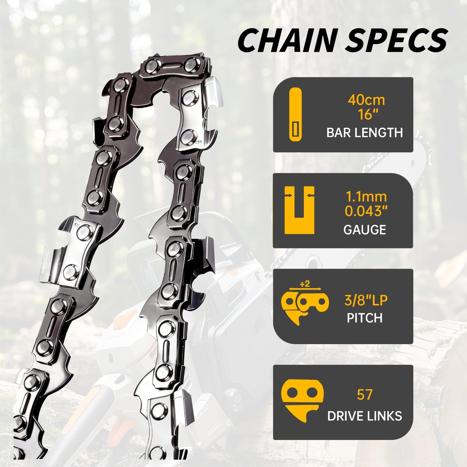 4 cadenas de sierra para espada de 40 cm LP 1,1 mm 57 TG, incluye guantes de protección y bolsa de almacenamiento, compatible con Bosch AKE 40, AKE 40-17S, AKE 40-18S, AKE 40-19S, etc