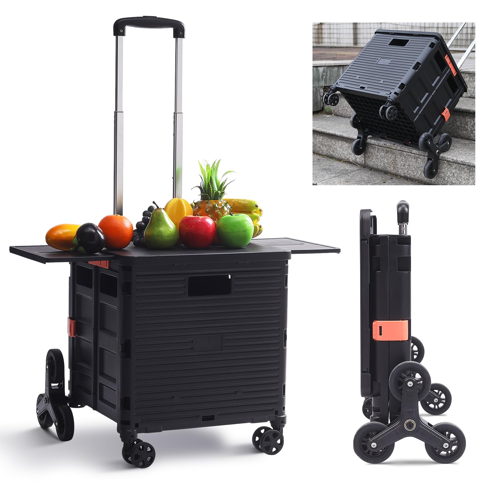 The FellieLightweight Stair Climber Folding Shopping Cart Trolley, 55L & 40KG Boot Cart with Magnetic Lid & Retractable Side Cover, Collapsible Trolley Box Cart with Telescopic Handle(Black)