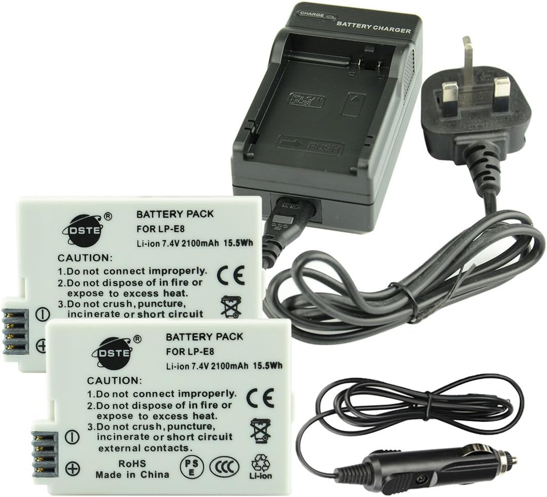 DSTE 2pcs LPE8 Rechargeable Liion Battery + Charger DC99U for Canon