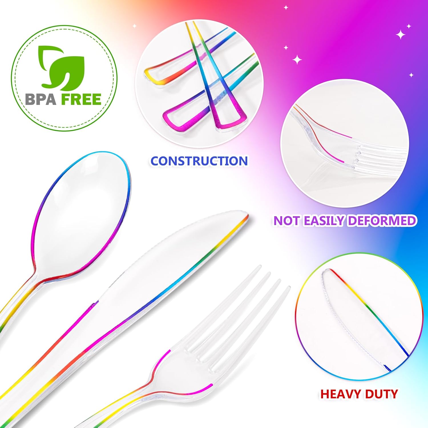 WDF 180 PCS Rainbow Plastic Silverware - Clear Colorful Cutlery Disposable Heavy Duty Include 60 Forks, 60 Knives and 60 Spoons - Colorful Disposable Utensils for Trolls Party/Birthday Party