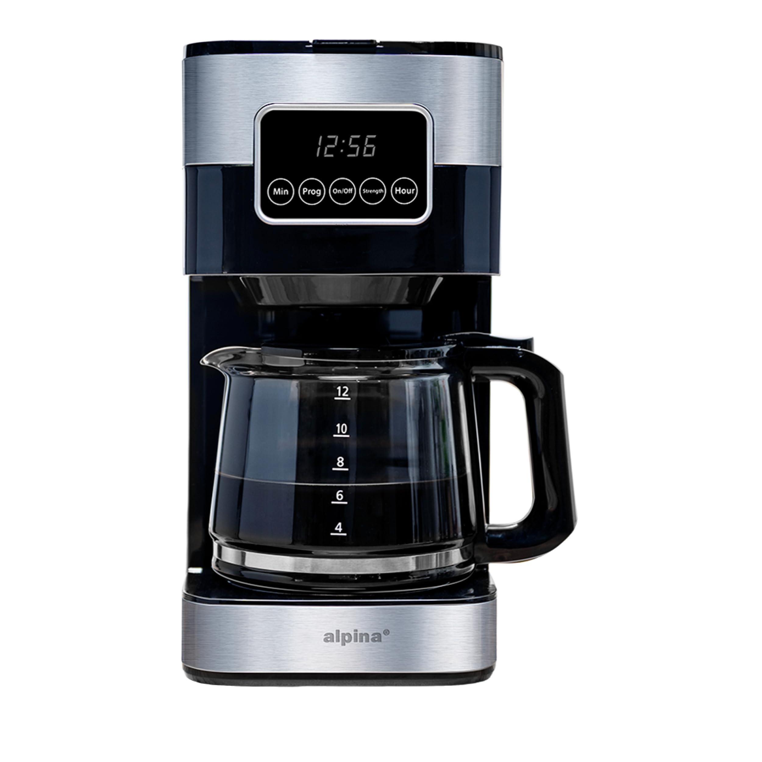 alpina Cafetera de Filtro - Máquina de Café 1.5L/ 12 Tazas de Café de Filtro - Cafetera con Pantalla Digital, Temporizador y Placa Calefactora - Intensidad del Café Ajustable - Negro