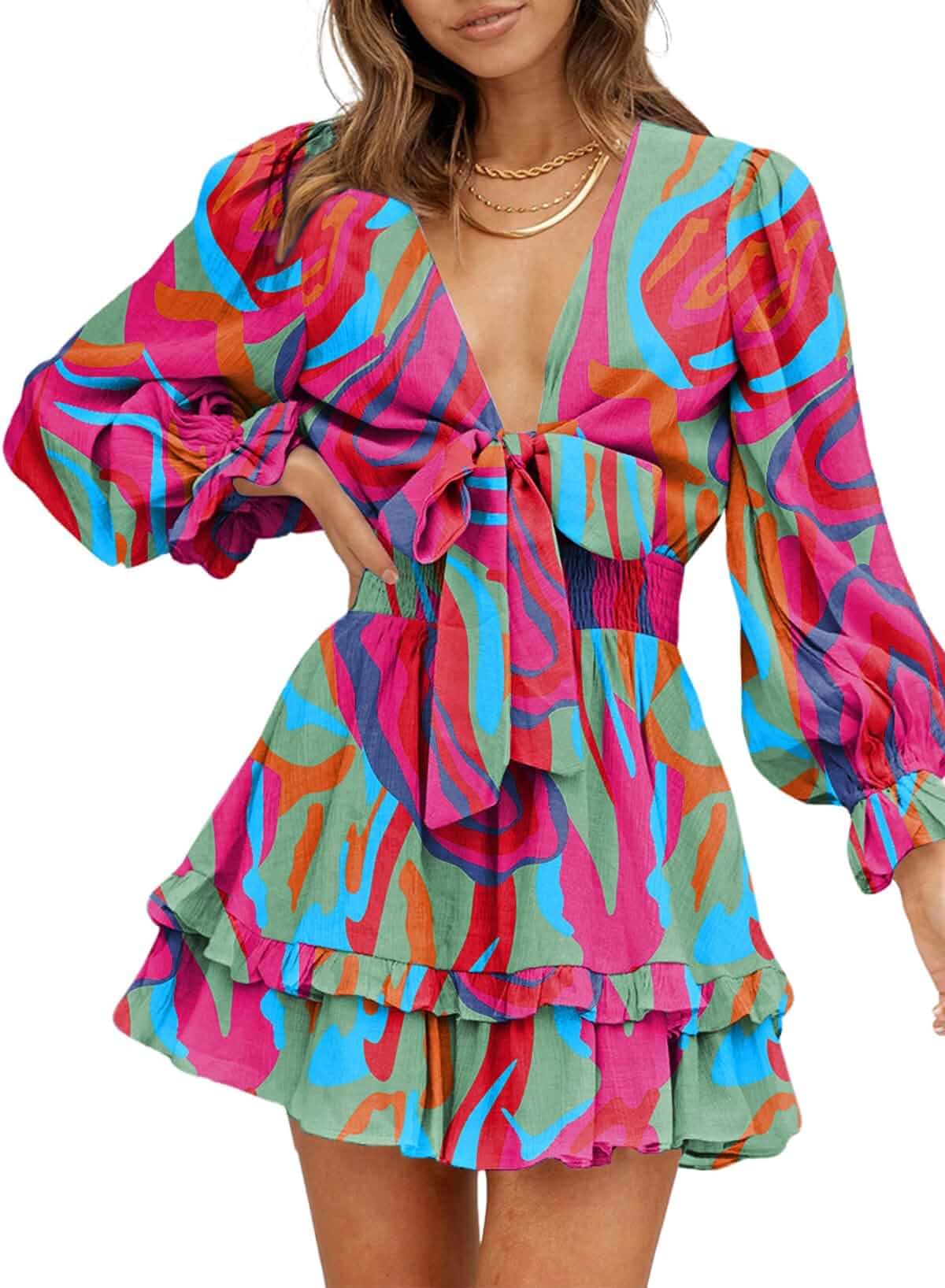 Dokotoo Womens Casual Spring Fall 2025 Deep V Neck Knotted Tiered Chiffon Elegant Mini Short Swing Skater Dresses Long Sleeve