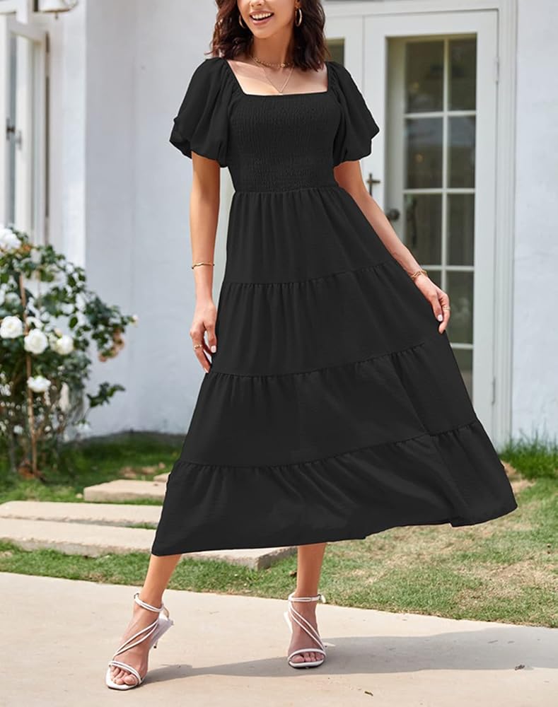 Lucrosun Women's Square Neck Puff Sleeve Smocked Tiered