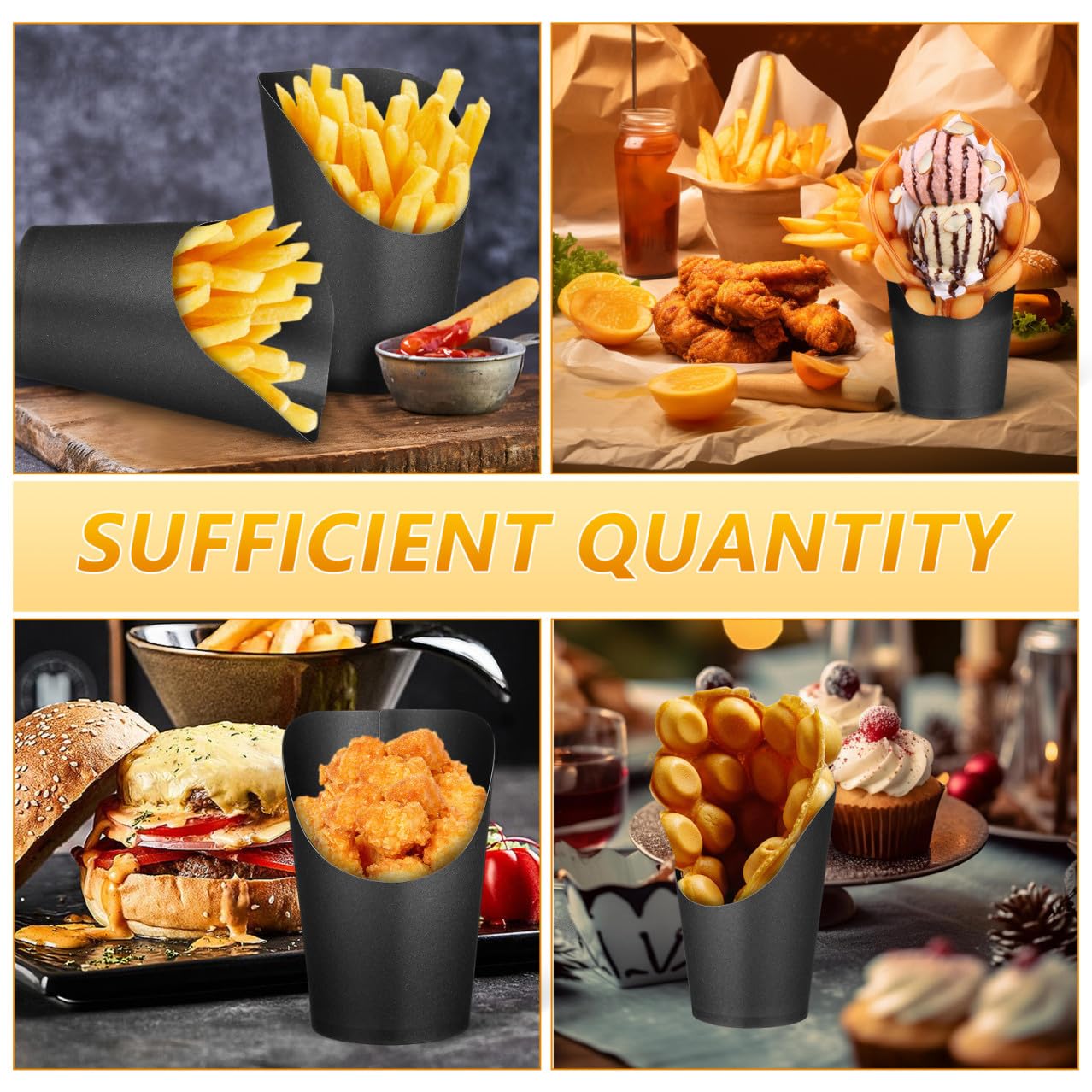 100 Pezzi Bicchieri per Snack in Carta Neri 14oz Apertura Angolata Monouso per Patatine Fritte e Finger Food, Porta Antipasti Pratico per Feste, Catering e Buffet