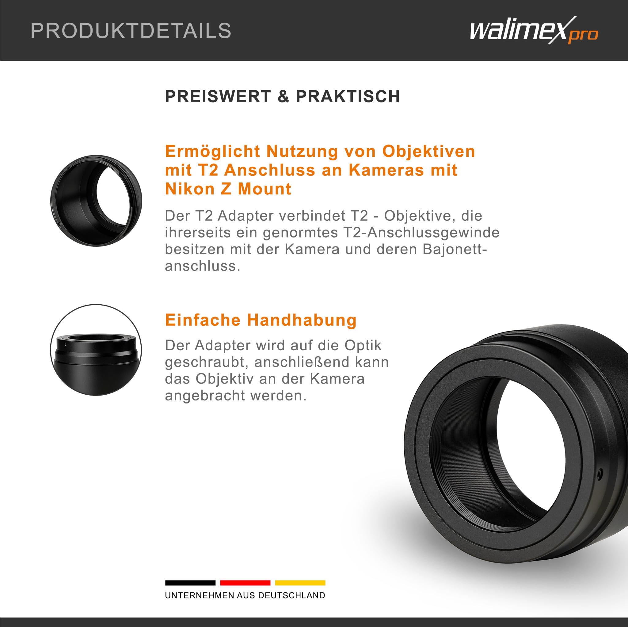 Walimex pro Adattatore T2 per Nikon Z – Anello adattatore con messa a fuoco manuale, facile da usare, anello di collegamento per obiettivo compatibile con Nikon Z6, Nikon Z7, Nikon Z50, Nikon Z5,