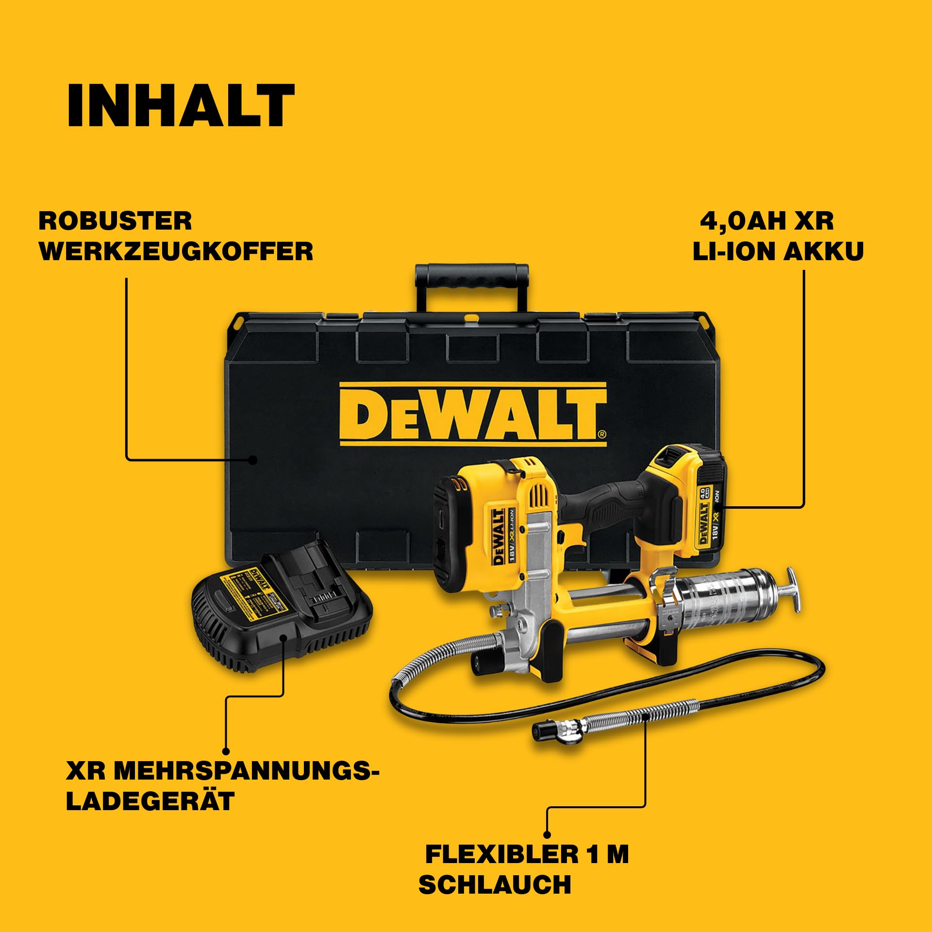Dewalt 18 Volt Akku-Fettpresse DCGG571M1 (690 bar Arbeitsdruck, Fassungsvermögen: 400 gr. mit Kartuschen u. 473 gr. Aus Gebinden, 1 m Schlauch, inkl. 18 Volt 4 Ah Li-Ion Akku und Ladegerät, Koffer)