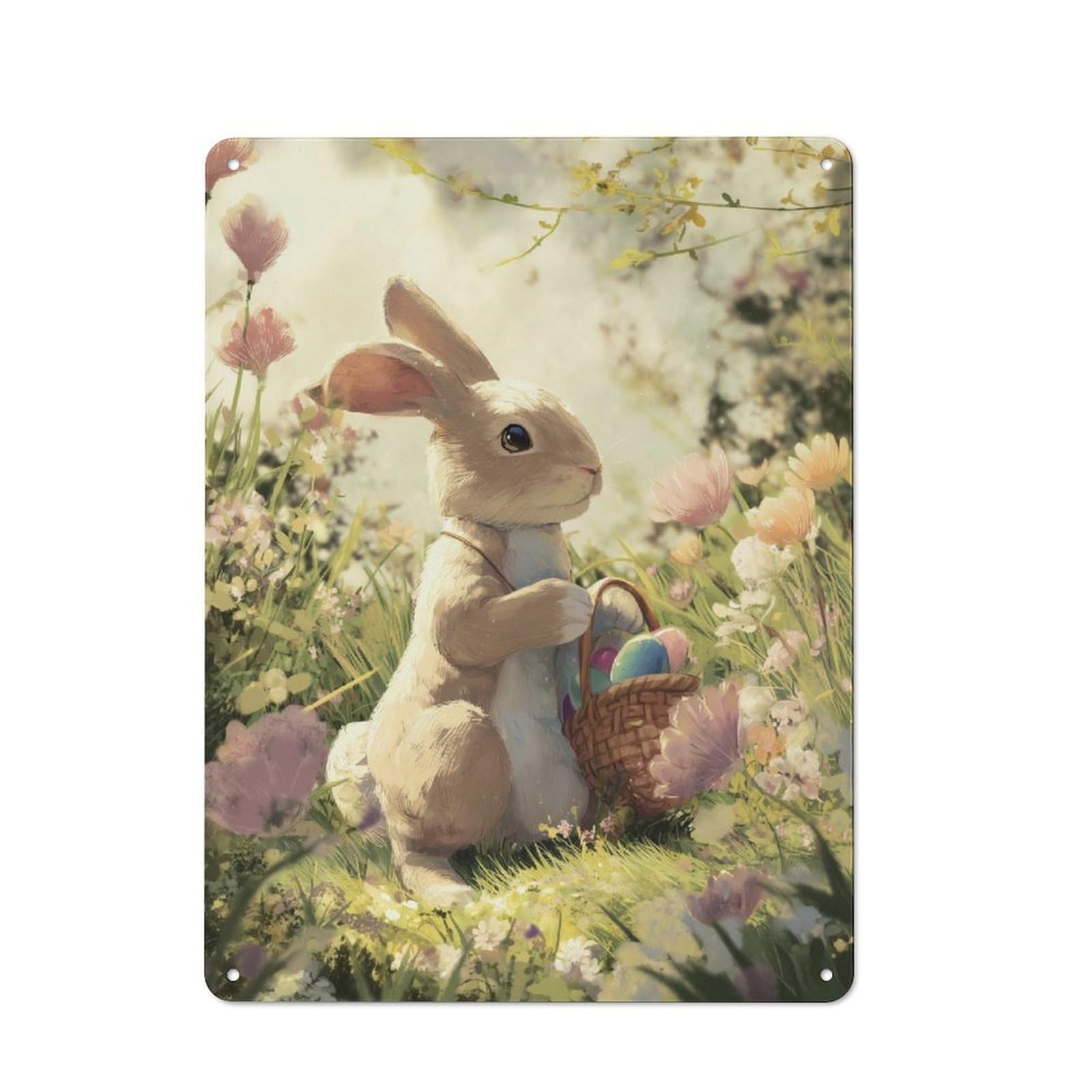 Junmoney Easter Bunny With Basket Of Eggs Rustic Metal Sign 40X30cm For Garage Wall, For Everyday Room Decor With A Rustic Look