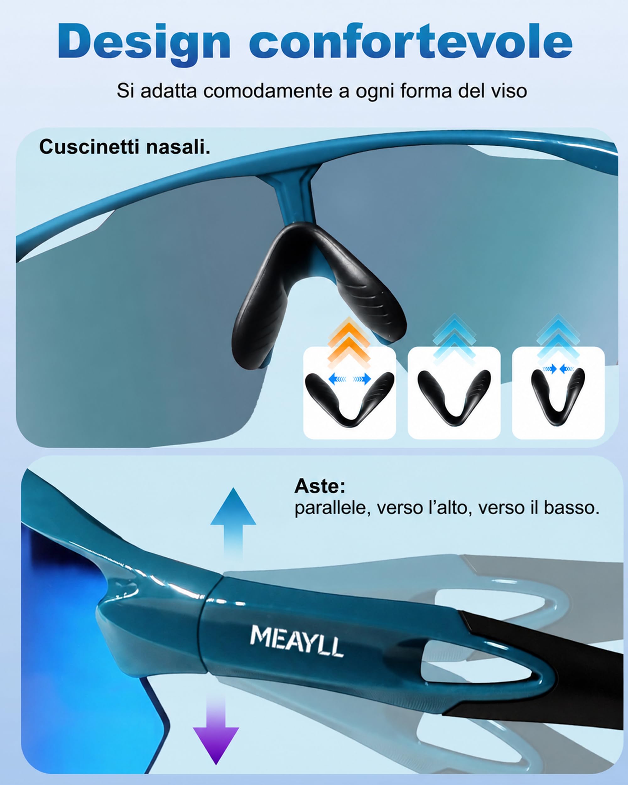 Occhiali Ciclismo Uomo Donna, Anti-UV400, Occhiali da Sole, Occhiali Running Sportivi TR90 Ultraleggeri 29g, Occhiali veloci Naselli e Aste Regolabili per MTB Bici Sport Outdoor