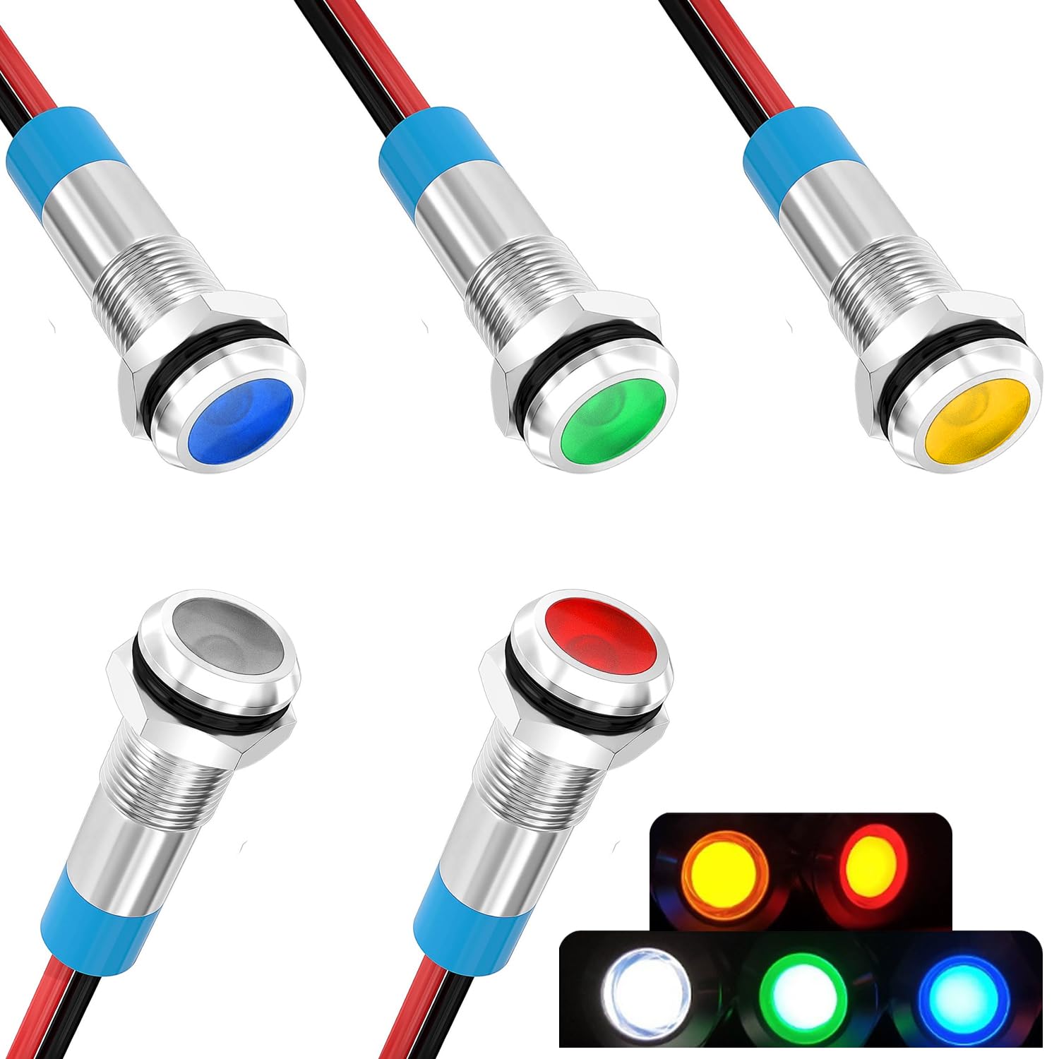 smseace 5Pack 1/4''(6mm) AC/DC12-24V LED Indicator Light Waterproof IP65 24 Volt led Lights Metal Pilot Lamp Lights Milt-Color Panel LED Indicator Signal Light