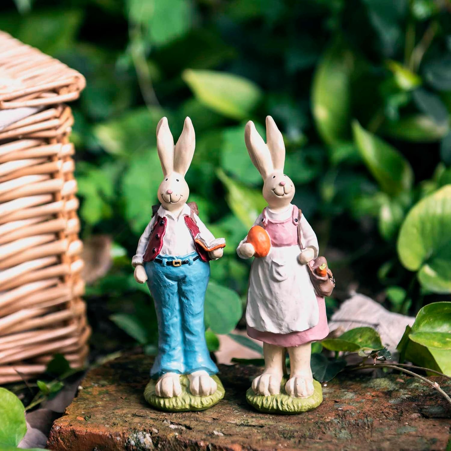 Easter Bunny Figurines Set of 2 – Resin Rabbit Couple Holding Book & Bag, Spring Easter Table Decor, Cute Bunny Statues for Home & Farmhouse Display