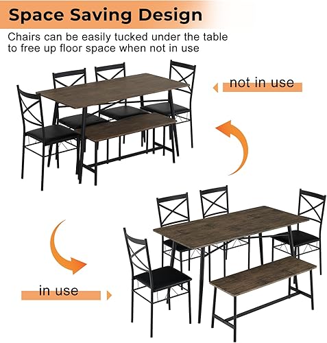 Miniatura 6 de VINGLI Juego de mesa de comedor moderna de 55 pulgadas para 6, mesa rectangular de comedor de cocina, banco, juego de mesa de comedor de madera de 6