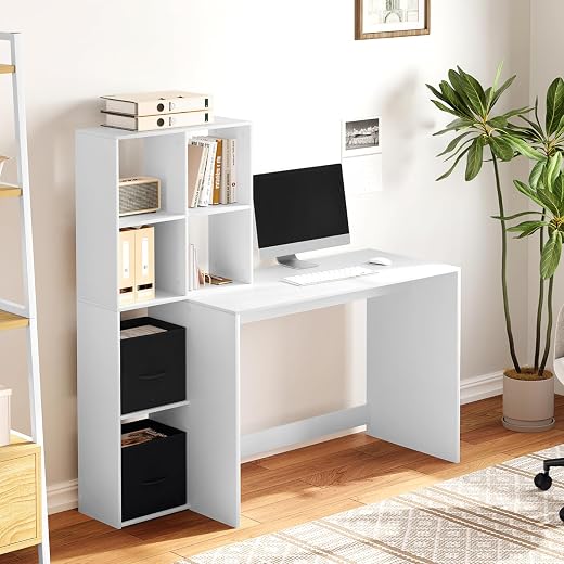WOLTU Scrivania Ufficio, Compatta con Libreria Integrata, Bianco Lucido