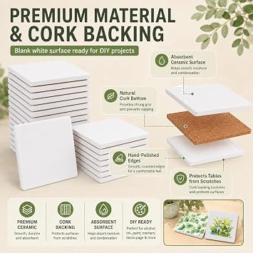 CYEAH 30 Pcs Ceramic Tiles for Crafts, 4 x 4 inch Blank Ceramic Coasters, Unglazed Ceramics Tile for Painting, Blank Coasters White Tile for Alcohol Ink, Acrylic Pouring, DIY, Art Projects, Decorating