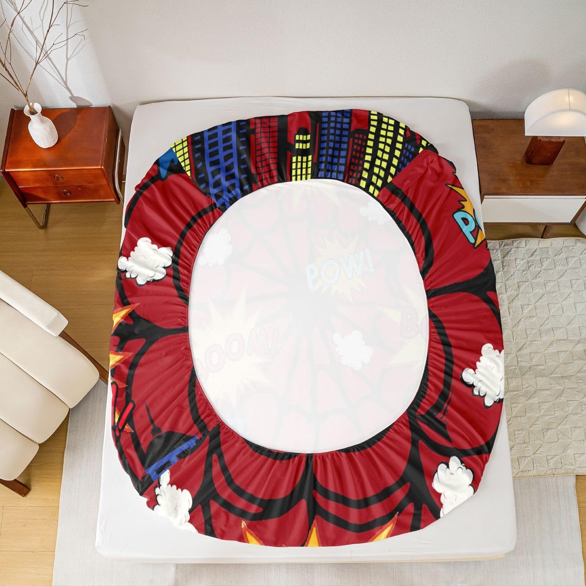 Sábana bajera ajustable de telaraña tamaño King (no plana), juego de ropa de cama de 3 piezas, diseño de edificio urbano de dibujos animados, decoración de habitación de niños y mujeres, sábanas con