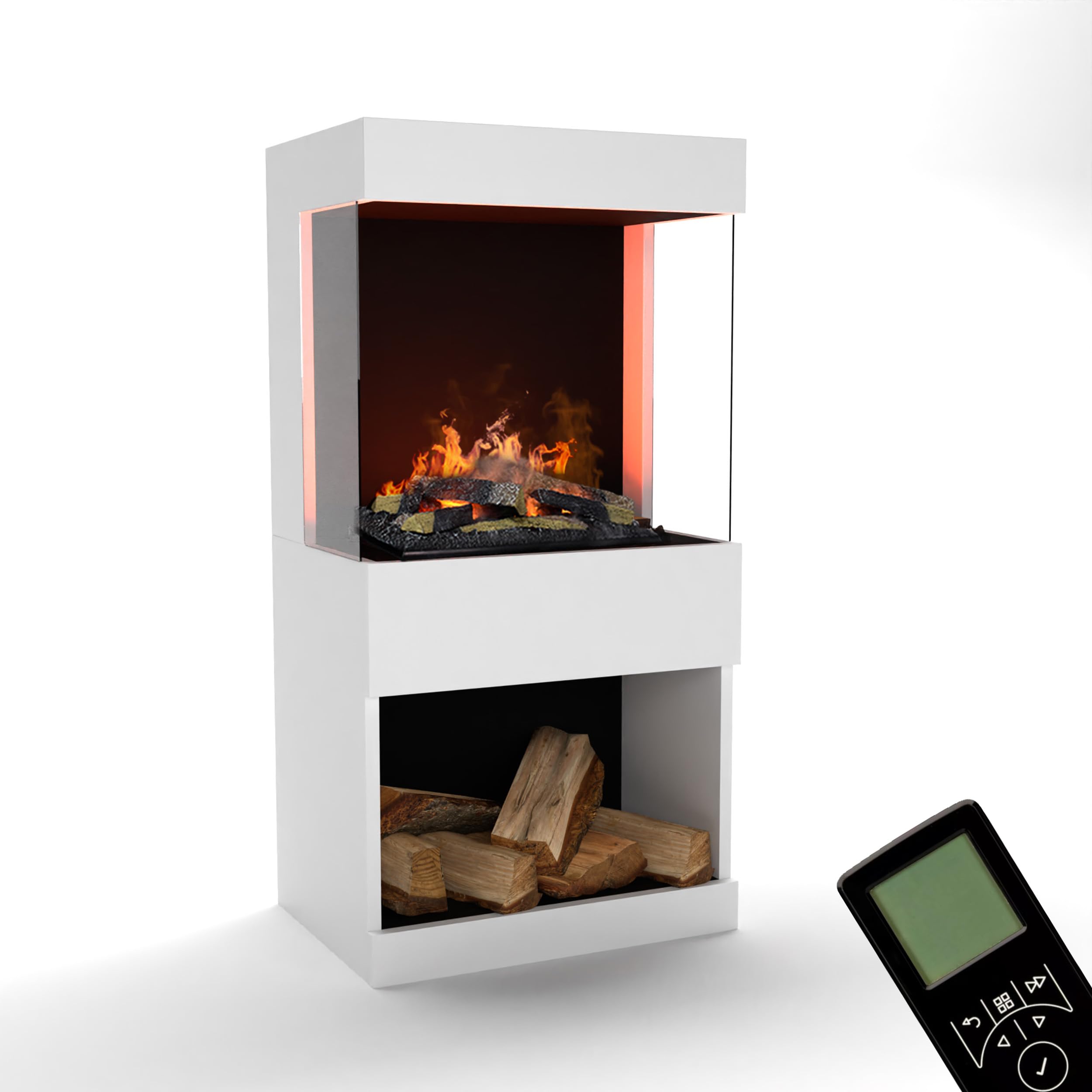 GLOW FIRE Wasserdampf Kamin OGF 2 (Standkamin) - Elektrokamin mit realistischen LED 3D-Flammen, Knistereffekt & Fernbedienung, 55x110x40 cm - Opti-Myst 400 Elektro Kamin mit Holz-Deko, Weiß