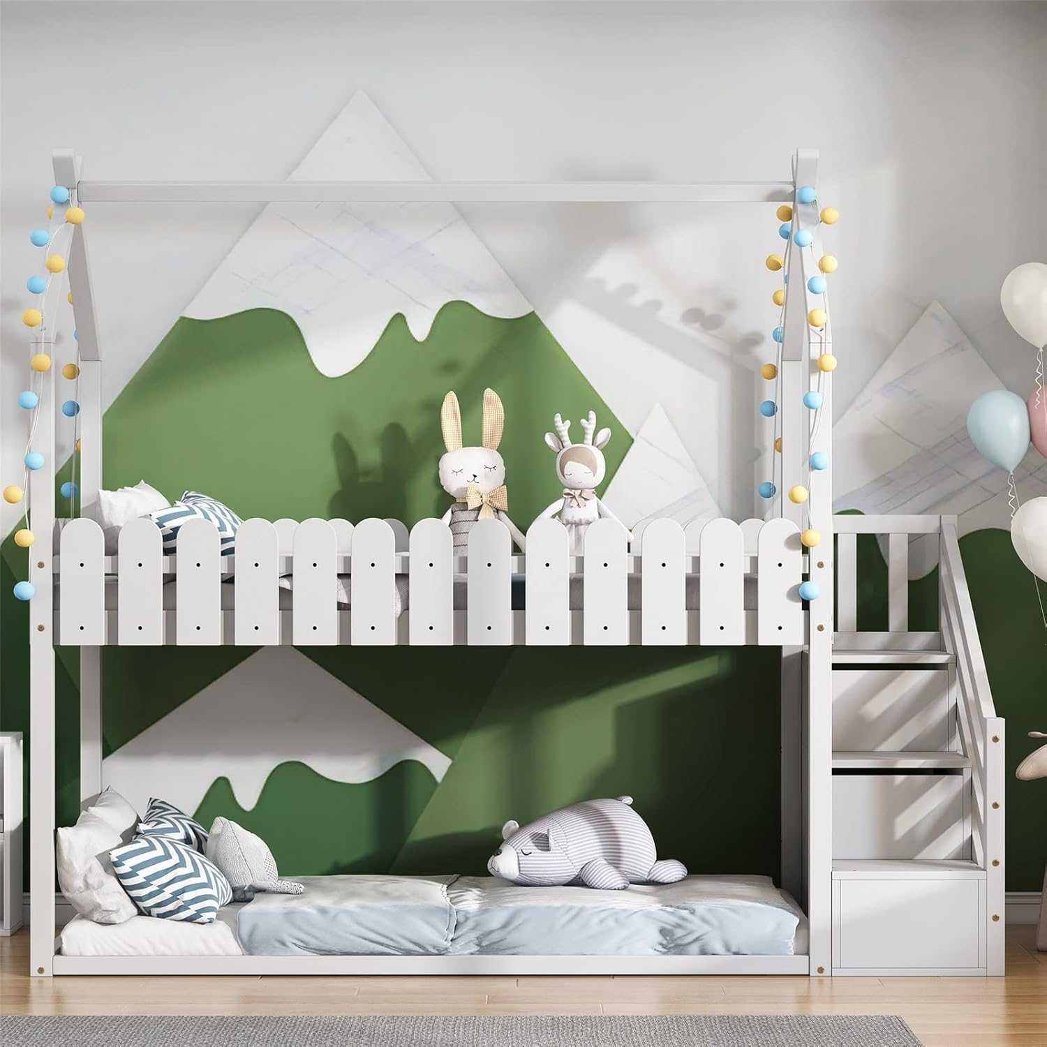 JINTAOMA Litera, litera con escaleras y cajones, con protección anticaída y somier, Cuna de Madera Maciza, Cama Doble, Cama de hogar, 90x200,White
