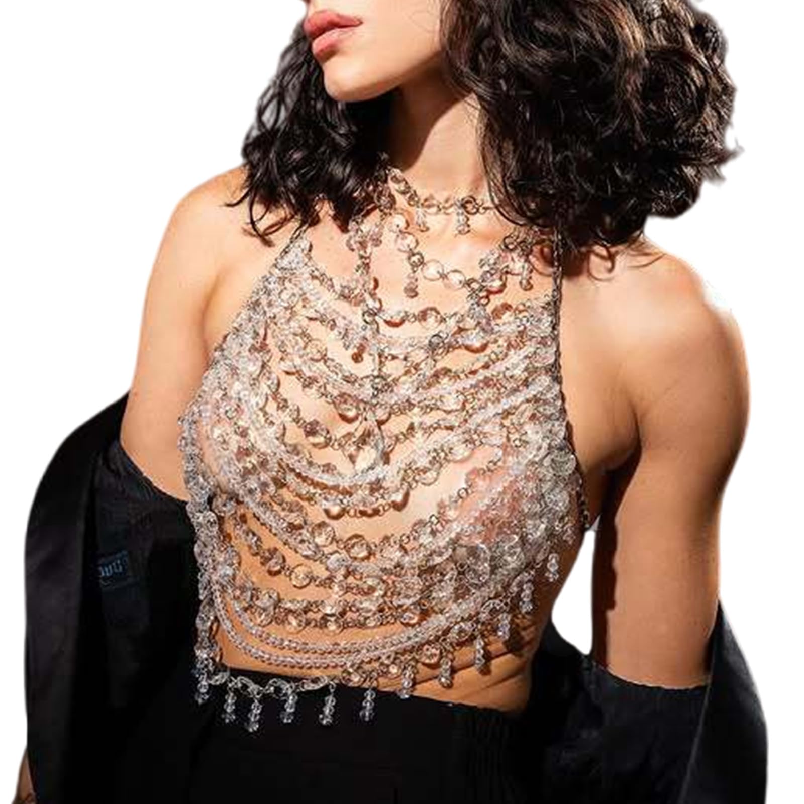 Multi Layered Crystal Body Chain Tanks Top for Women Beach Parties Halterneck Backless Chest Jewelry Camisole Necklace Rhinestones Body Accessory