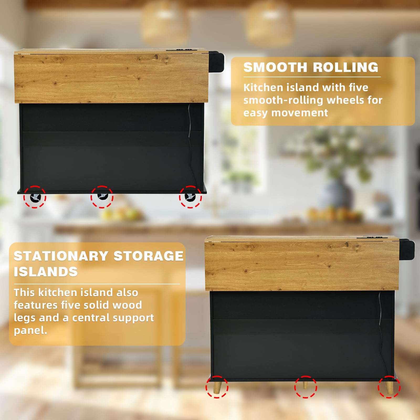 Carrello da Cucina con Ruote, Isola da Cucina con Piano Ribaltabile, Con Prese Elettriche e Porte USB, 119,5 x 74 x 94 cm, Carrello Salvaspazio per Cucina e Soggiorno, Nero