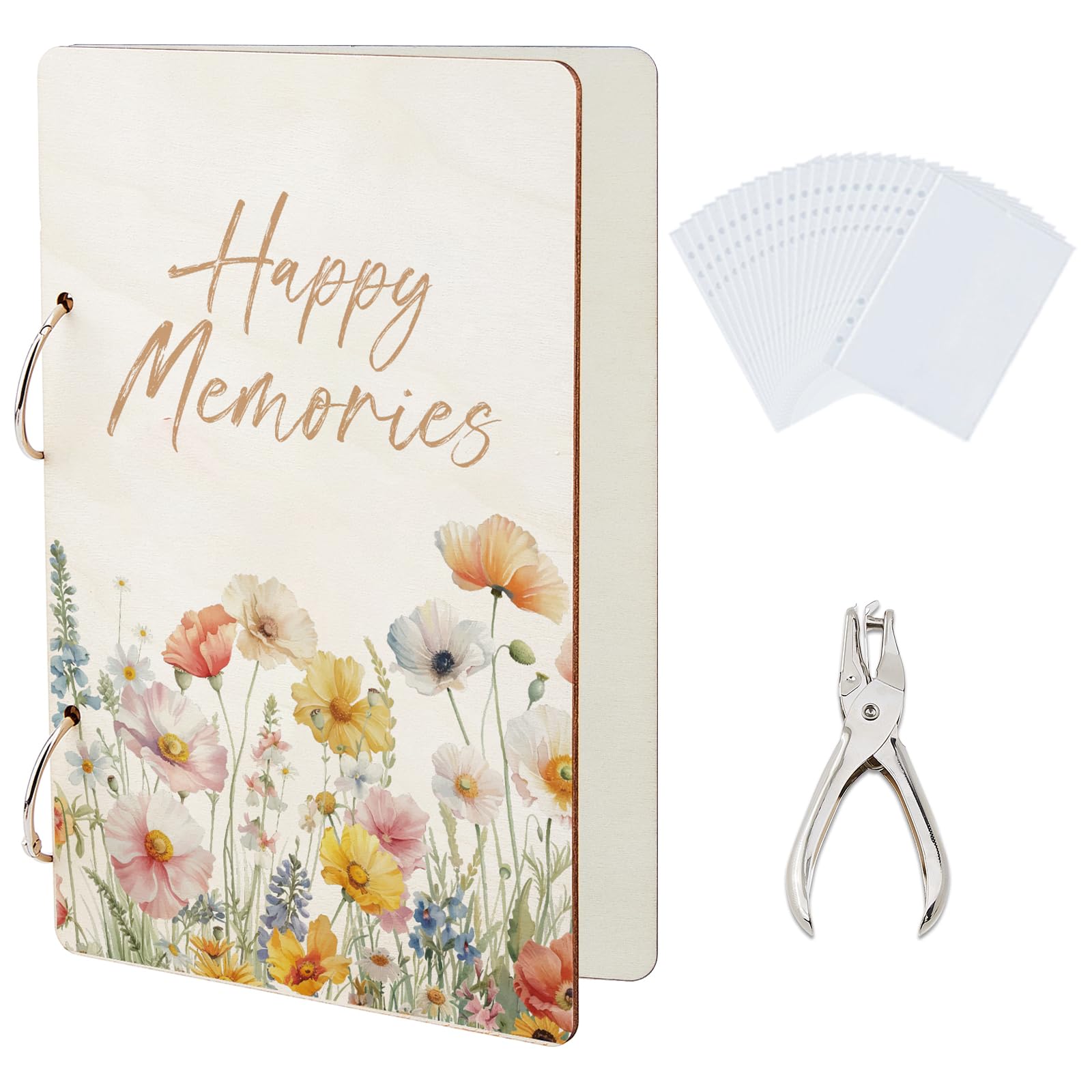 SUPERDANT Happy Memories Greeting Card Organizer Watercolor Flowers Greeting Card Binder Wooden Cards Keeper Binder 2-Rings Post Cards Album for Birthday Wedding Holiday with Punch and 20 Pockets