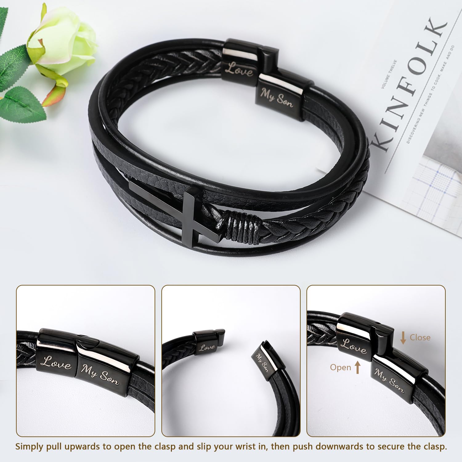 Pulsera de mamá con texto en inglés To My Son Bracelet from Mom, regalos para hijos, regalos de cumpleaños para hombres con tarjeta de cartera grabada, pulsera de hijo, regalos para él, Acero 4
