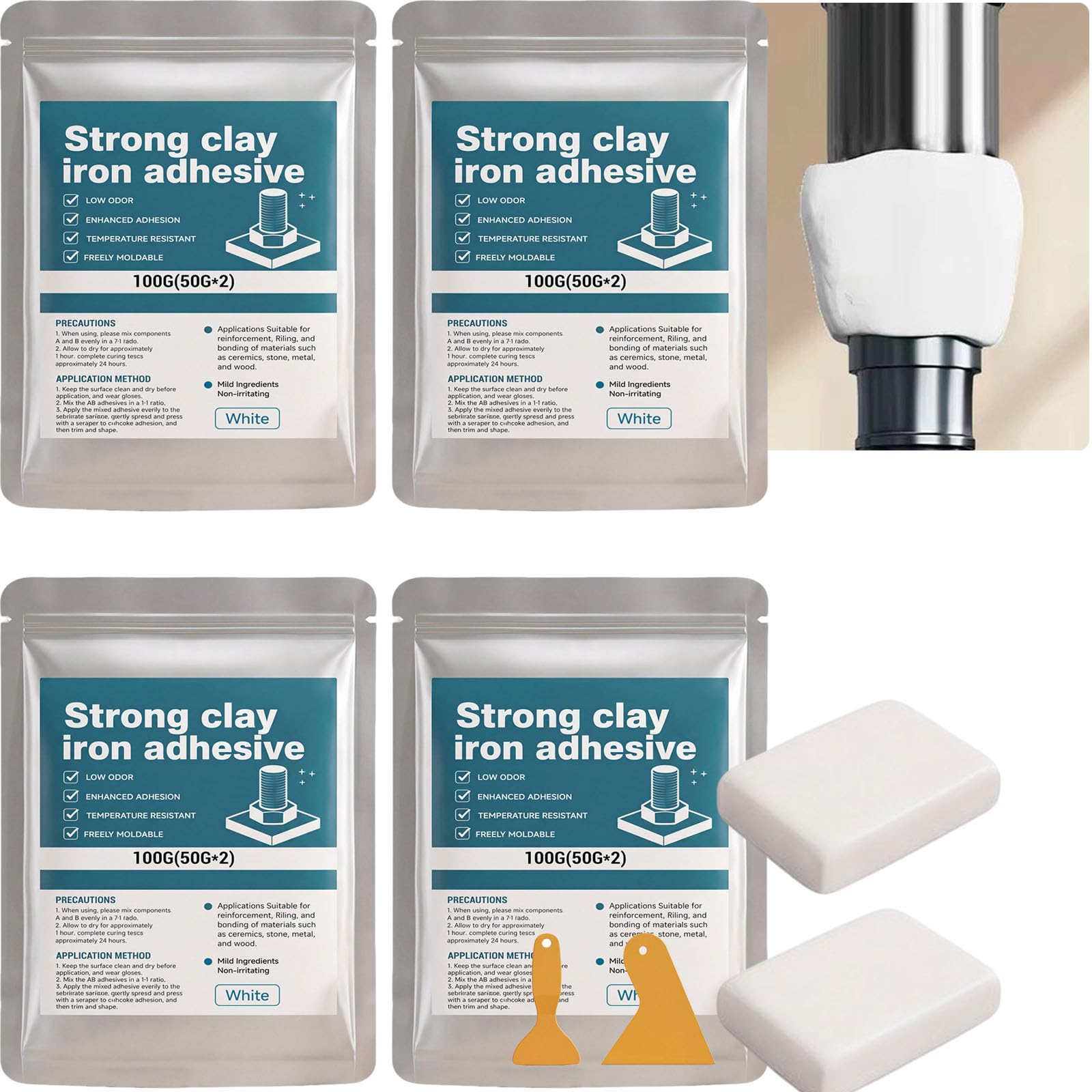 Mastic époxy renforcé d'acier, adhésif de fer à argile solide, argile de réparation polyvalente haute résistance pour coller le métal, le plastique, le bois, les carreaux de céramique (4 pièces)