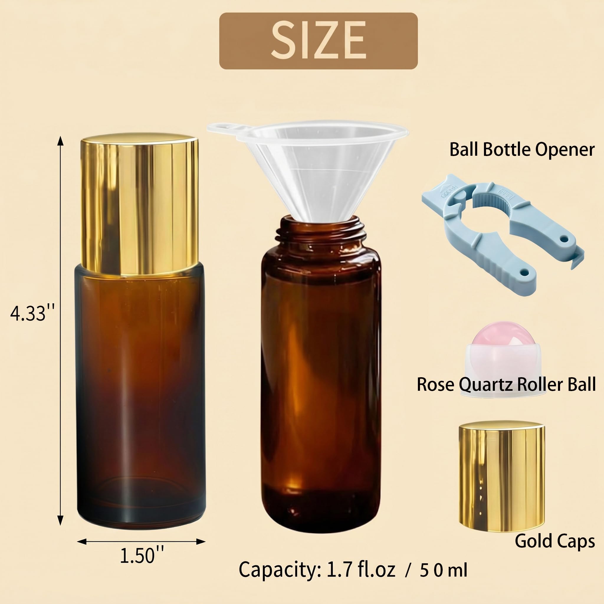 Botellas de bola rodante de cuarzo rosa para aceites esenciales, paquete de 2 botellas vacías de vidrio ámbar recargables de 50 ml con bola rodante de cristal para aceite de ricino, equipadas con un
