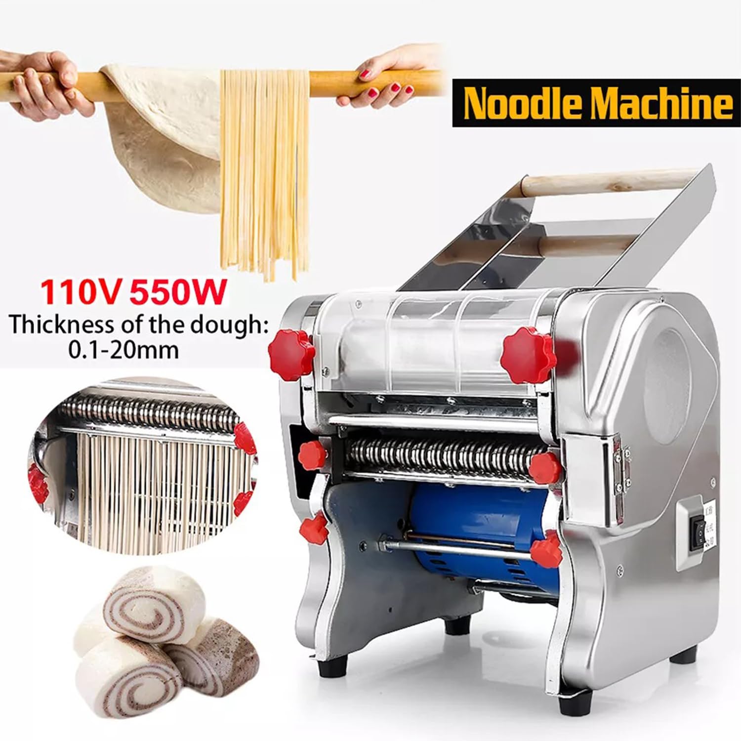 Thaweesuk Shop Silver Commercial Electric Dough Roller Noodle Pasta Dumpling Maker Machine 110V Sheeter Automatic Making Press Durable Adjustable Stainless Steel 16.5''L x 12.2