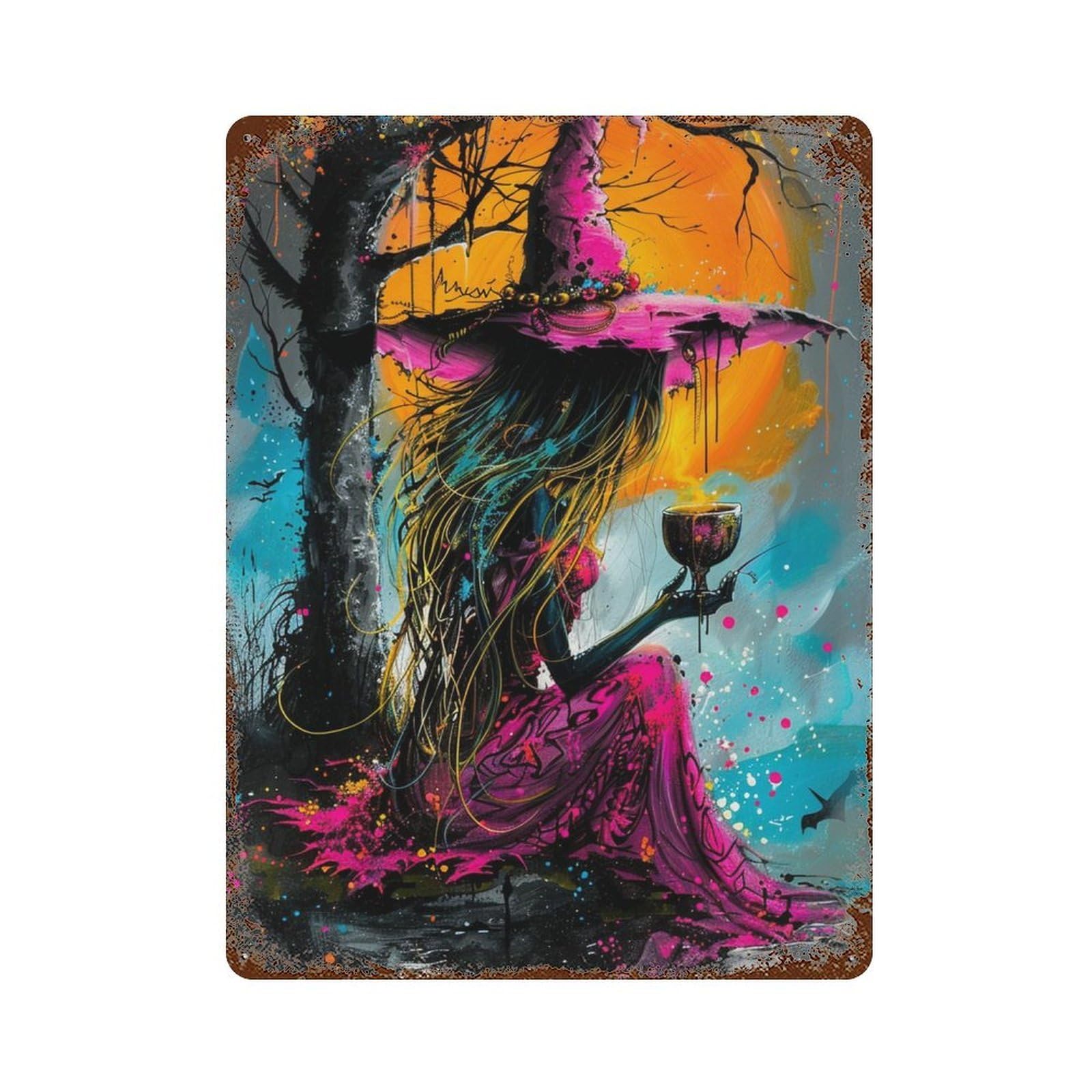 Garage Style Witch Holding Cauldron Vintage Rust Metal Sign 15.7"x11.8", Industrial Home Decor for Bar And Workshop