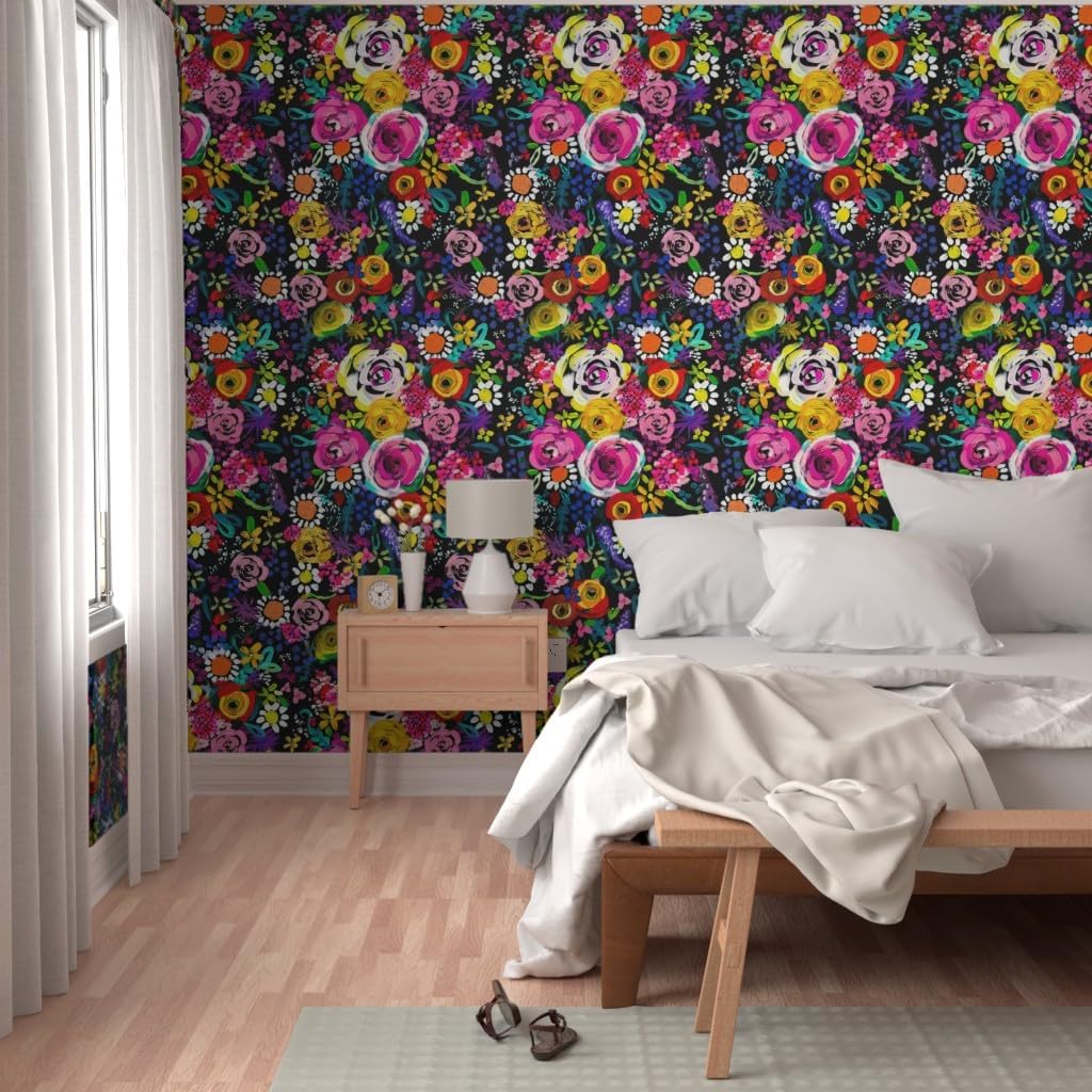 Removable Wallpaper 3ft x 2ft - Bright Floral Painting Colorful Florals with Black Backg Neon Summer Flower Custom Pre-Pasted Wallpaper by Spoonflower