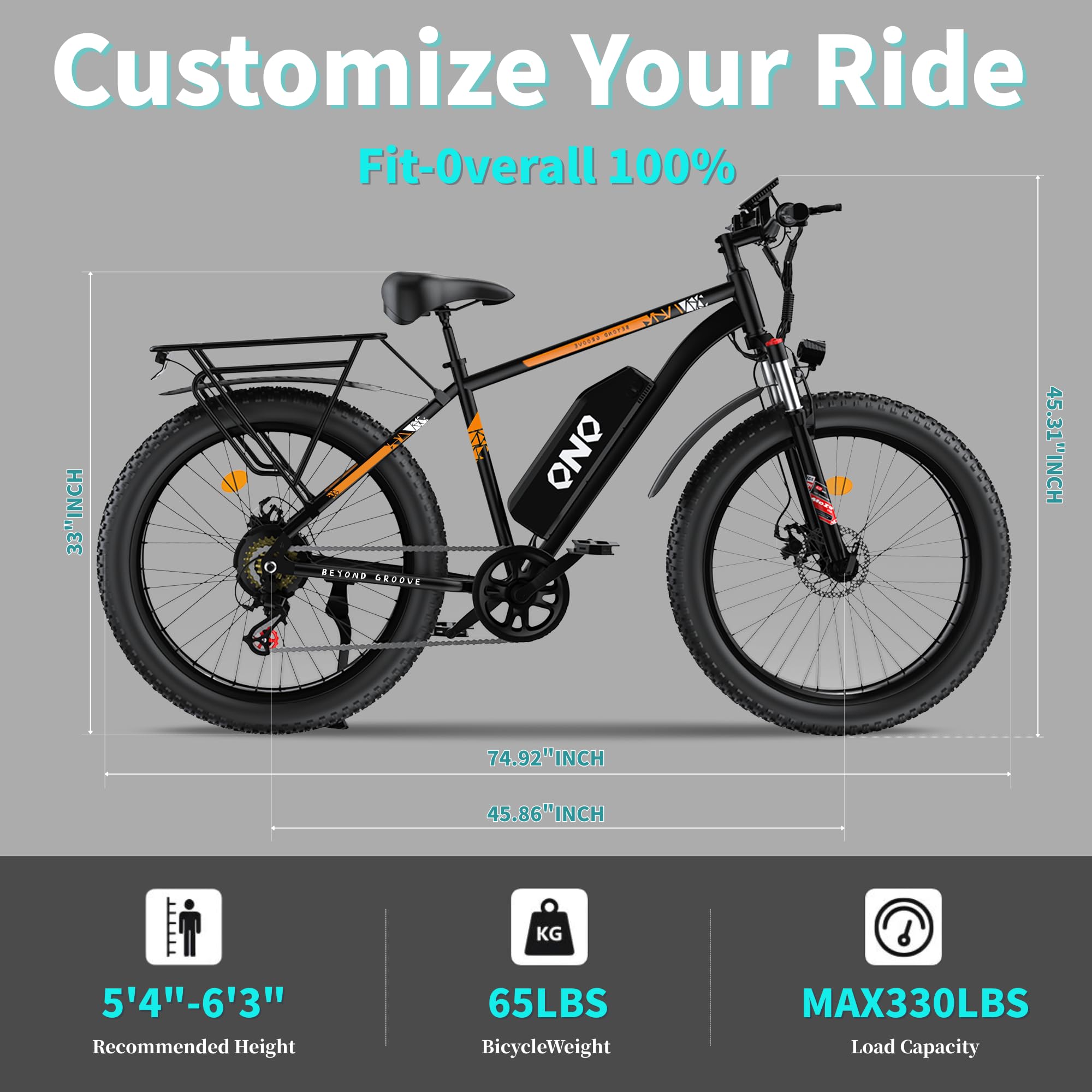 QnQ Vélo électrique, VTT 26 Pouces Pneus Gras, Batterie 48 V 15 Ah, autonomie jusqu'à 40-80 km, Double amortisseurs, Shimano 7 Vitesses, vélo électrique de Plage et de Neige