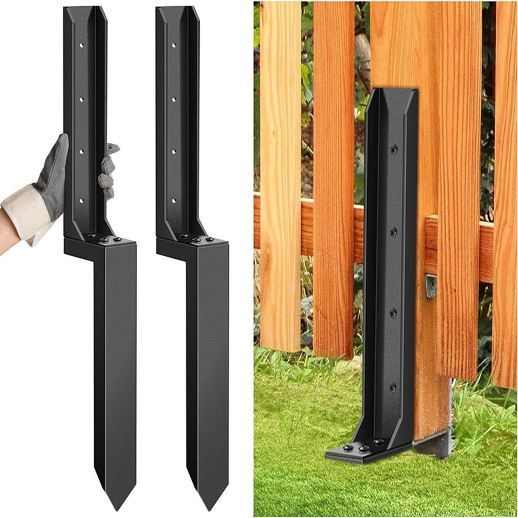 Gouzibhd 2B Post Anchors Fence Post Repair Kit Quick Fix Broken Leaning Wood Posts Support With One-Piece Steel Anchor Stakes And Separate Upper And Lower Parts(Size:43x14x17cm,Color:2b)