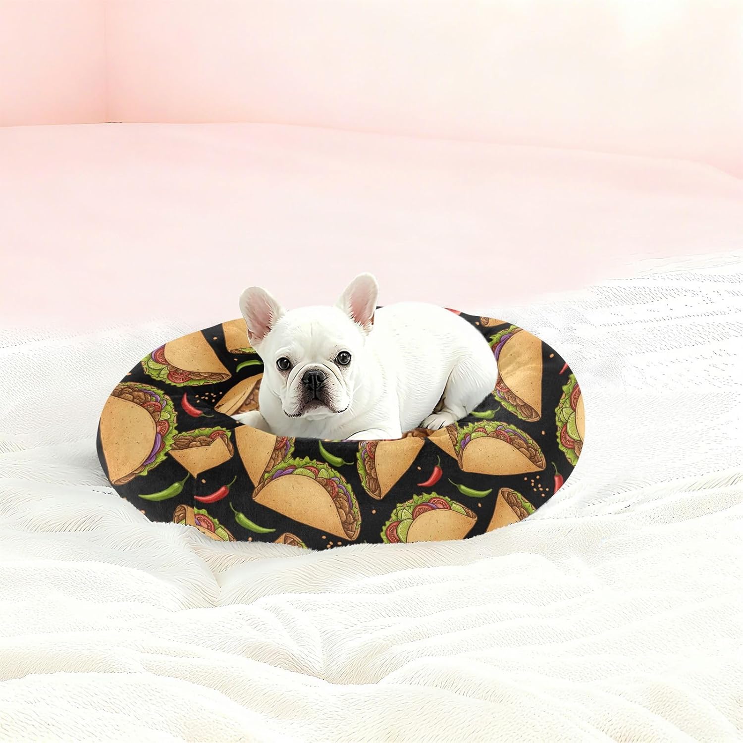 Mexican Food Taco Pattern Dog Bed Round Small Medium Dog Beds Pet Cat Bed Washable Puppy Kitten Beds for Pets Supplies with Washable Cover,M
