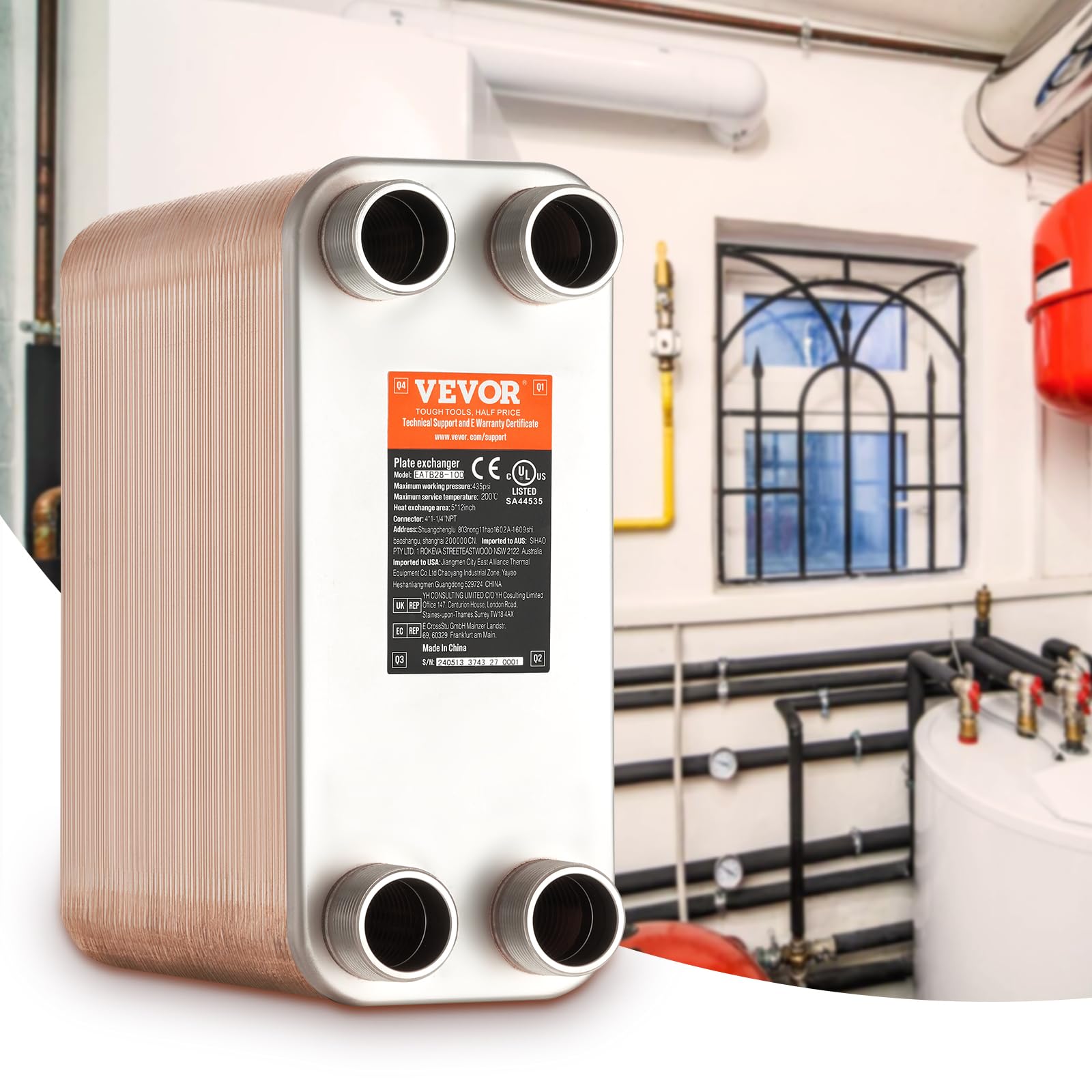 VEVOR Scambiatore di Calore, Piastre Brasate in Rame o Acciaio Inossidabile 316 L 127x305 mm, 100 Piastre, per Riscaldamento a Pavimento, Riscaldamento Acqua, Scioglimento Neve, Raffreddamento Birra