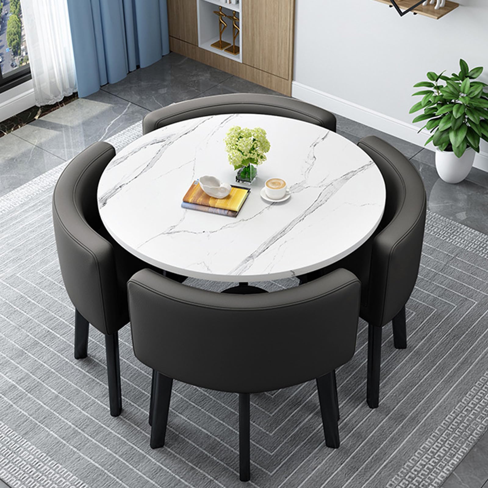 OLSKFUH Compact Square/Round Dining Table Set With 4 Chairs - Modern Space-Saving Dining Room Furniture For Small Spaces Balconies Living Rooms And Kitchens 80Cm/31.5In,Leatherp-80cm/31.5in