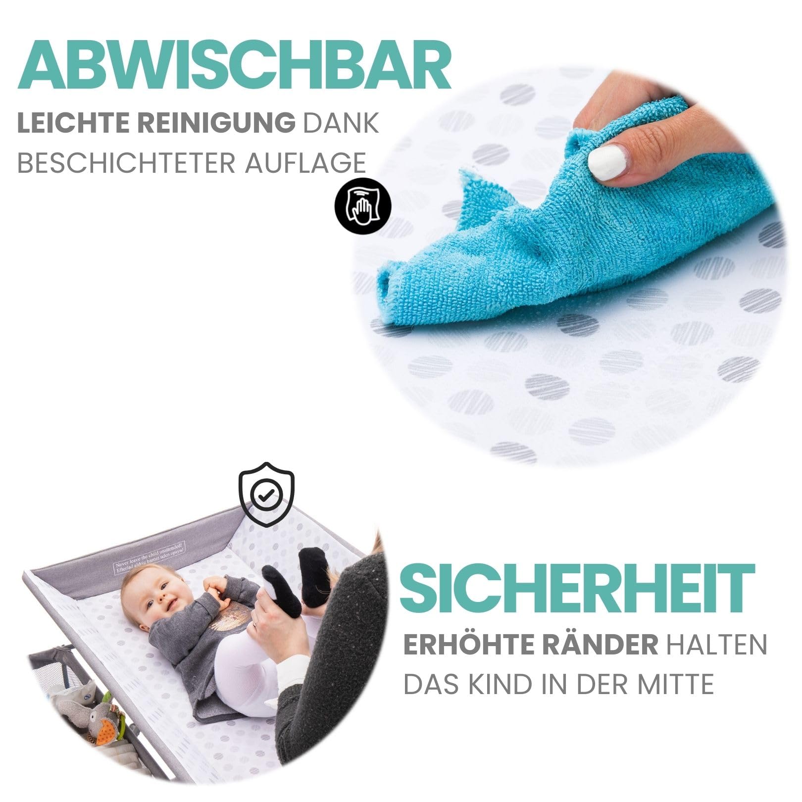 Fillikid Baby Wickelkombi - Punkte Grau | Klappbare Wickelkommode, mobiler Wickeltisch mit Wickelauflage und Ablagefächern, platzsparend und stabil