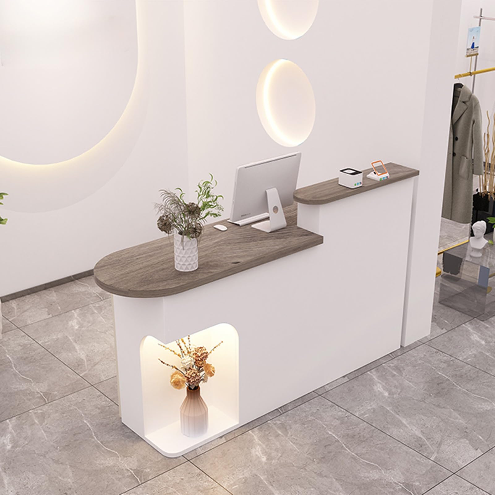 Generisch Kassentheke, Rezeption mit LED-Beleuchtung, Moderne Kassentheke, Rezeption mit Lagerregal, für Kassenbüros, Schönheitssalons (Grau + Weiß, 110 cm)