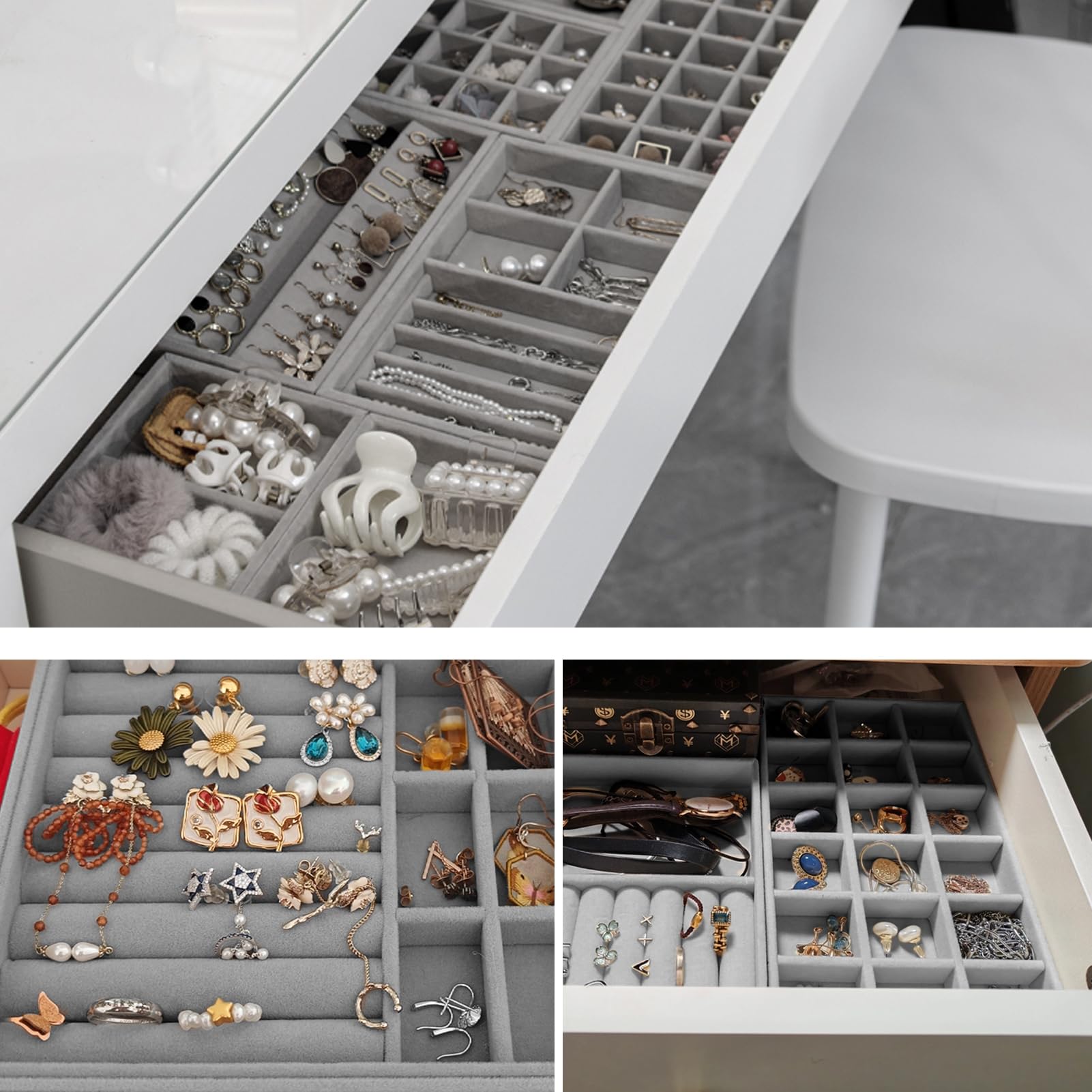 Rainmae 12 Stück Schmucktablett,Samt Schmuckeinsatz für Schubladen,Stapelbar Schmuck Organizer,Schmuckaufbewahrung Schublade für Ohrringe Ring Armband Broschen Halsketten