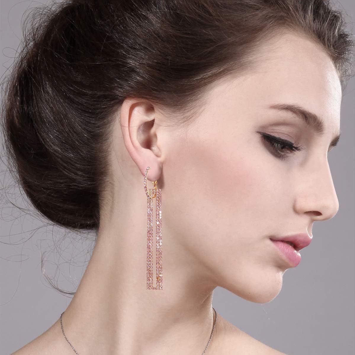 QJLE Geometric Rectangle Cubic Zirconia Rhinestone long Drop Dangle Earrings for women Hypoallergenic Pierced