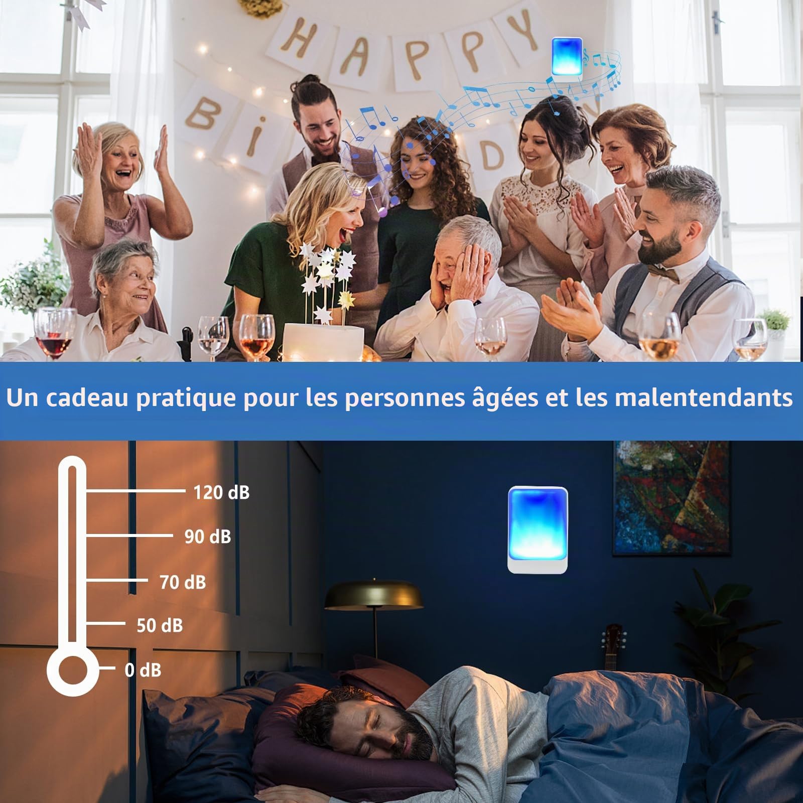 Sonnette de porte avec 7 couleurs de lumière vive et 4 volumes - Sonnette sans fil de 182,9 m - Pour la maison/le bureau - Convient pour les personnes âgées et malentendantes - 3 émetteurs avec 5