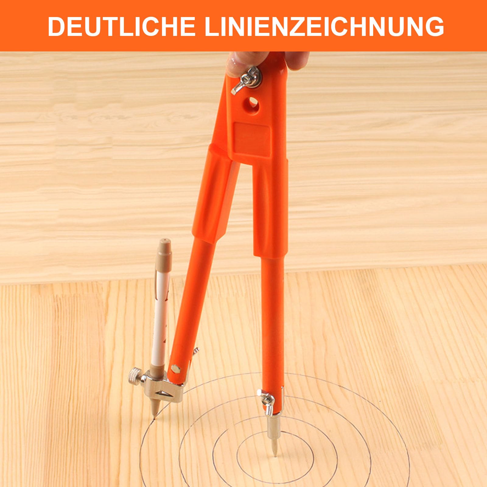 Zirkel, Zirkel mit Stifthalter, Zirkel Groß, Professioneller Tischlerzirkel, Einstellbar, Klarer Strich, für Holzbearbeitung, Geometriezeichnung (Orange)