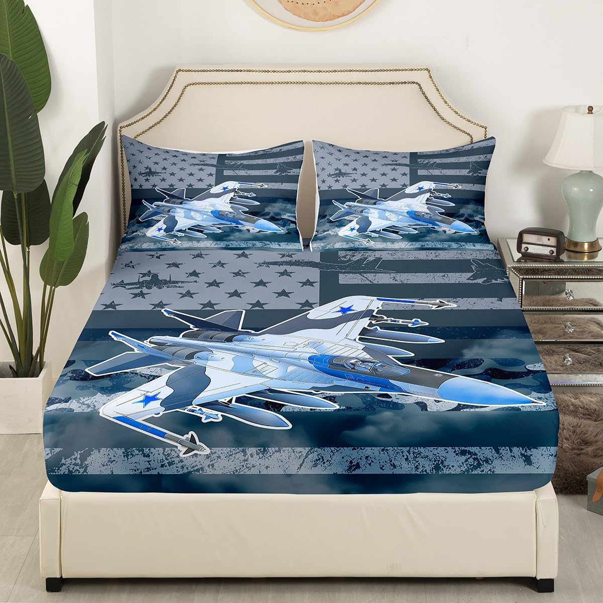 Erosebridal Airplane Fitted Sheet Full Size, Camouflage American Flag Bedding Set Army Aircraft Bed Sheets, Red Camo USA Flag Sheets Soft Breathable Fitted Bed Sheets with 2 Pillowcases