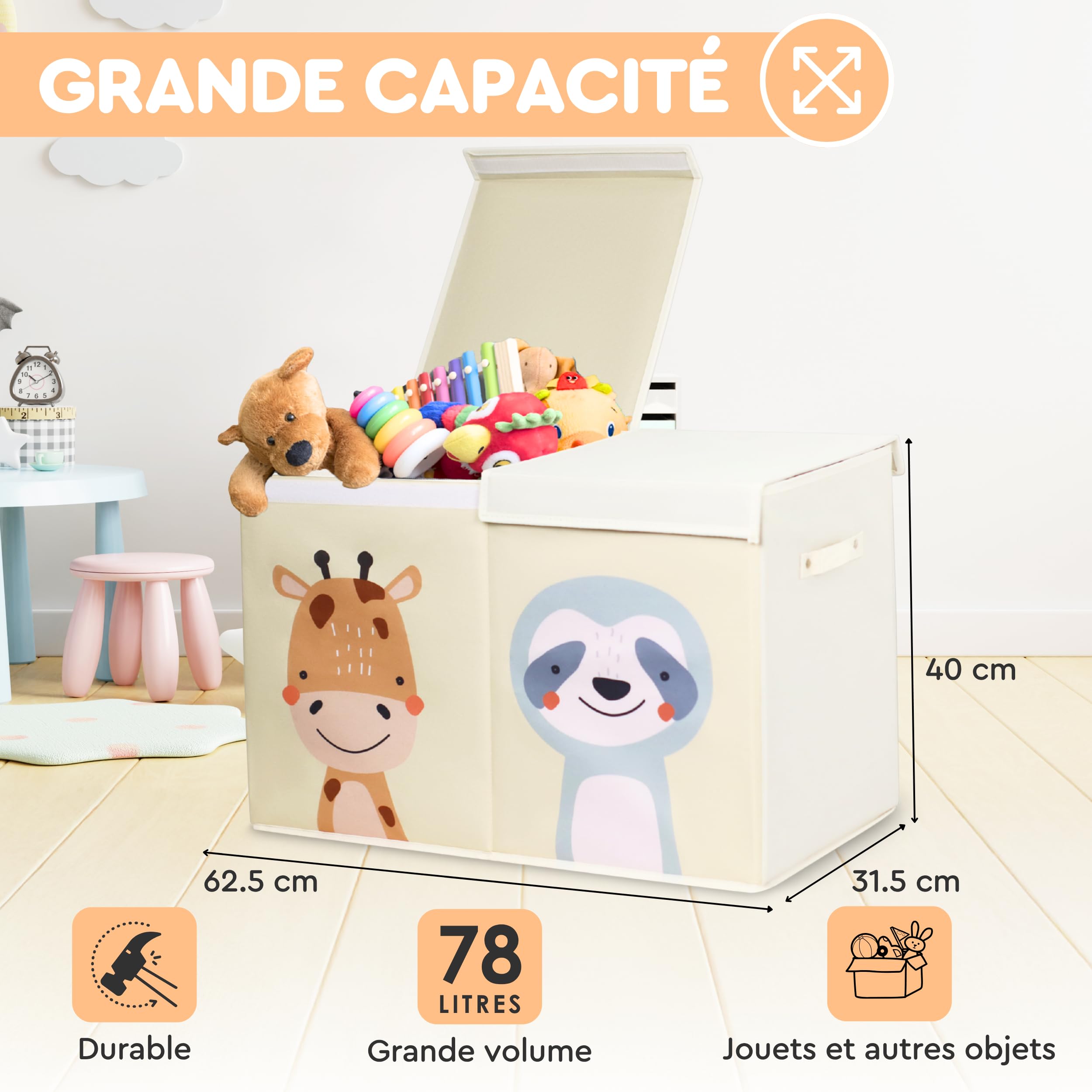 Boîte de Rangement pour Jouets pour Enfant Pliable Beige, 78 Litres et Double Couvercle. Coffre de Rangement Enfant en Tissu Oxford. Grand Coffre, Bac ou Caisse. Ne Convient pas pour S’asseoir
