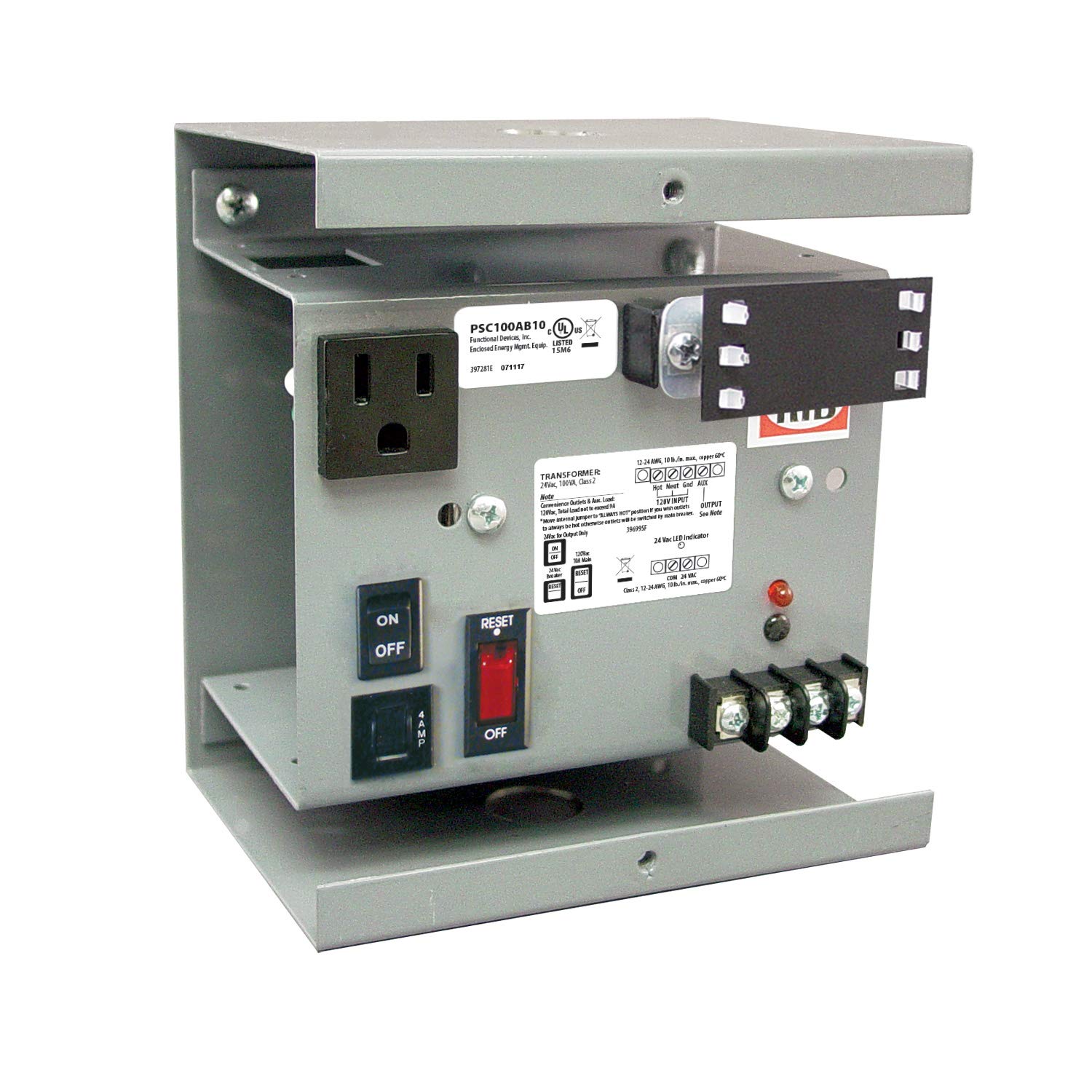 Functional Devices PSC100AB10 Single 100 VA Power Supply, 120 Vac to 24 Vac, 10 Amp Main Breaker, Metal Enclosure
