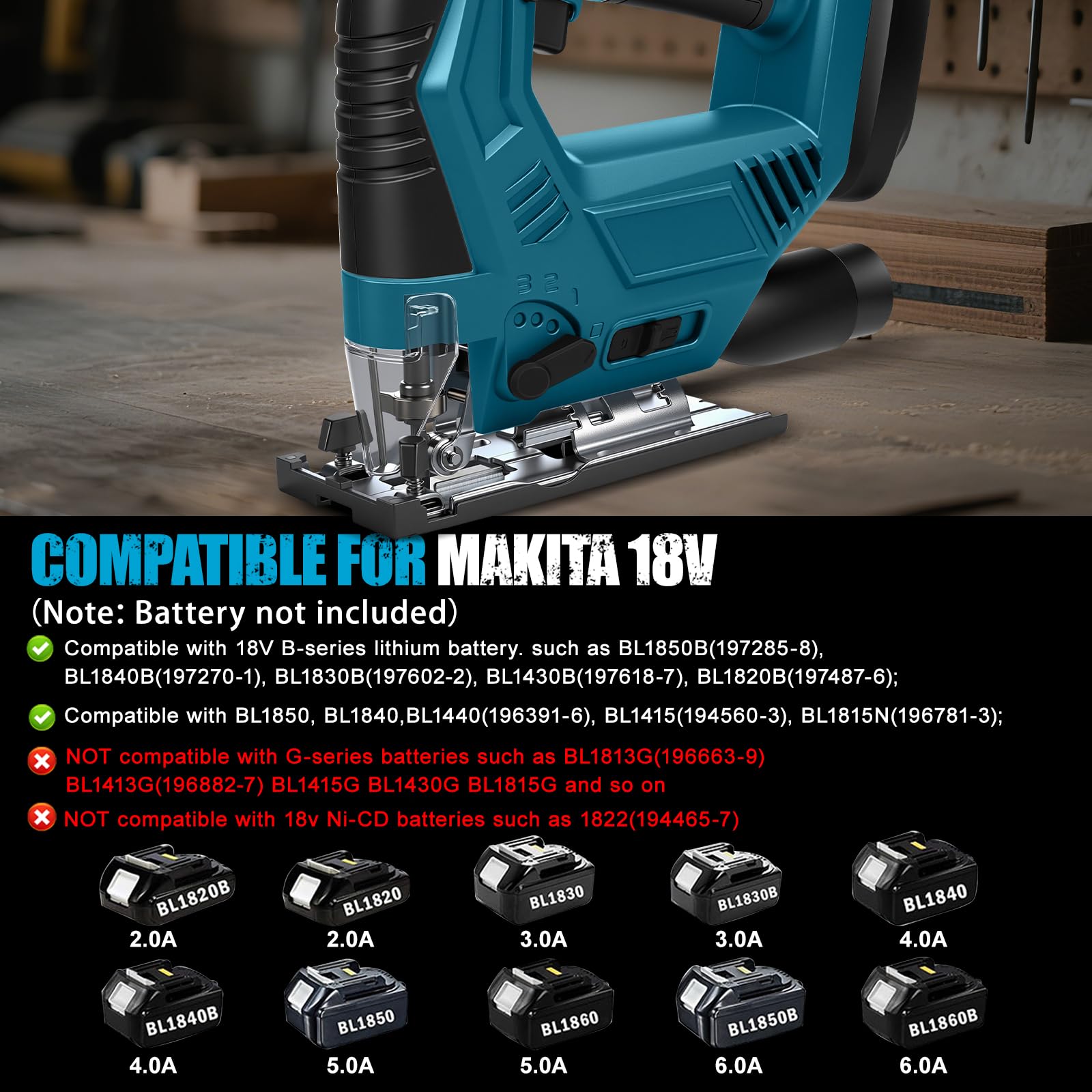 Sierra de calar inalámbrica compatible con batería Makita de 18 V (sin batería), sierra de calar eléctrica con bisel de 45°, 6 velocidades, 4 orbitales, manguera de polvo, regla guía y 5 cuchillas
