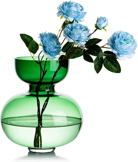 Glasseam Green Glass Vase for Flowers Large, Handmade Art Vases Modern Big Narrow Neck Jug for Living Room Decoration Table Ceterpiece Aesthetic Room Decor for Long Stemmed Pampas Grass Daffodils