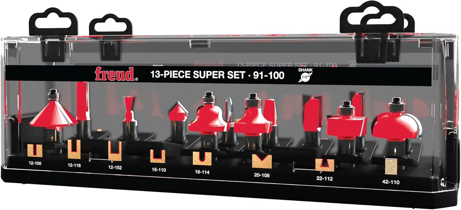 Freud 13 Piece Super Bit Set - Ideal for Woodworking, Includes V Grooving, Flush Trimming, Chamfering & Dovetailing - 1/2" Shanks - 91-100