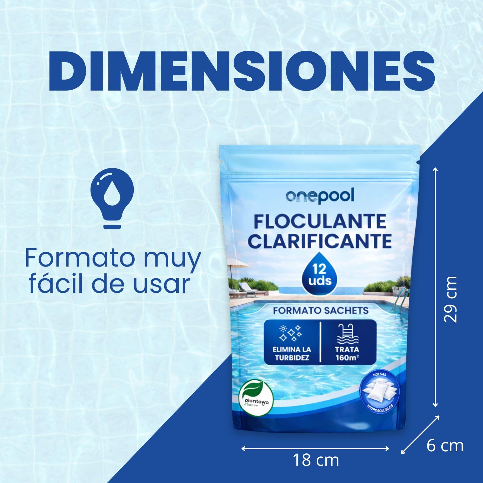 PLANTAWA Flocculante in polvere 12 bustine | Flocculante Chiarificante per Piscine, Equivale 1,5 KG, Eliminatore Turbidità, con Ingredienti Origine Naturale, Vegano, Tutti i Tipi Piscine, SPA