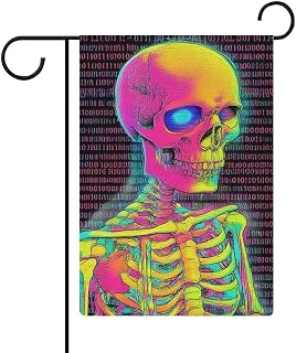 All-Weather Linen Garden Banner, Funny Skull Skeleton Code Art Seasonal Outdoor Flag, Wrinkle Resistant Garden Flags for Lawn, Patio, Entryway Decor
