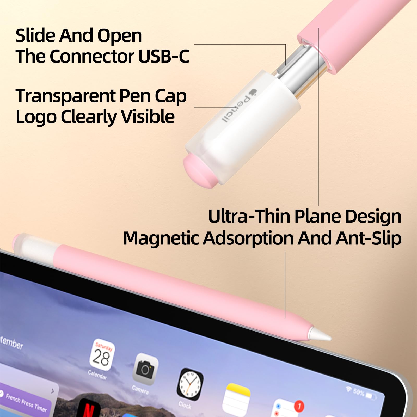JOOSKO Pencil Case for Apple Pencil (USB-C), Silicone Protective Cover Sleeve, Supports Magnetic Attachment (Pink)