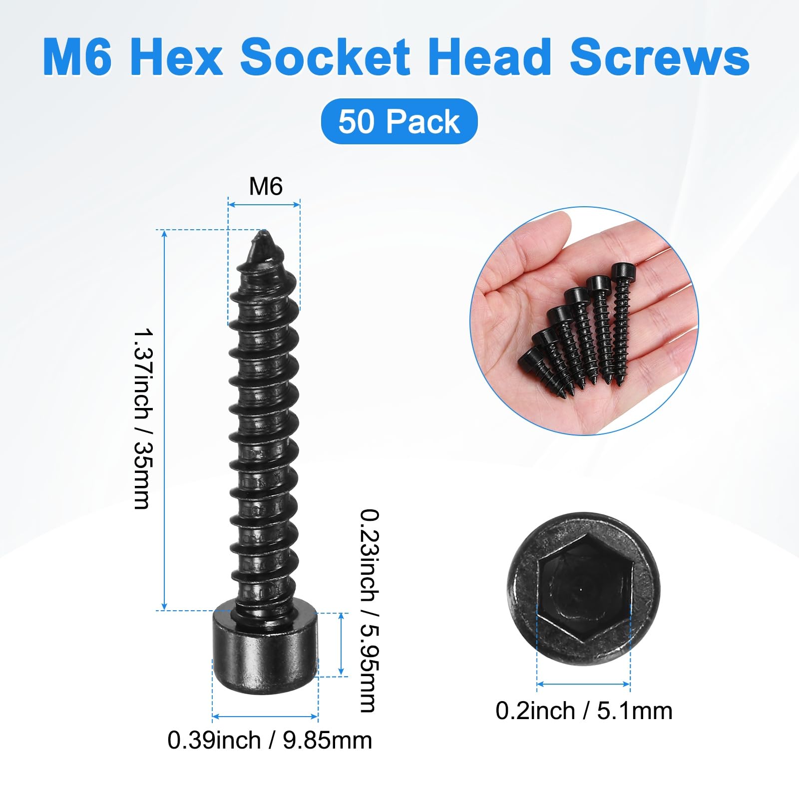 M METERXITY Paquete de 50 tornillos de cabeza hexagonal, pernos de acero inoxidable M6 x 35 mm, tornillos autorroscantes de rosca completa para muebles, maquinaria, aparatos eléctricos [negro]